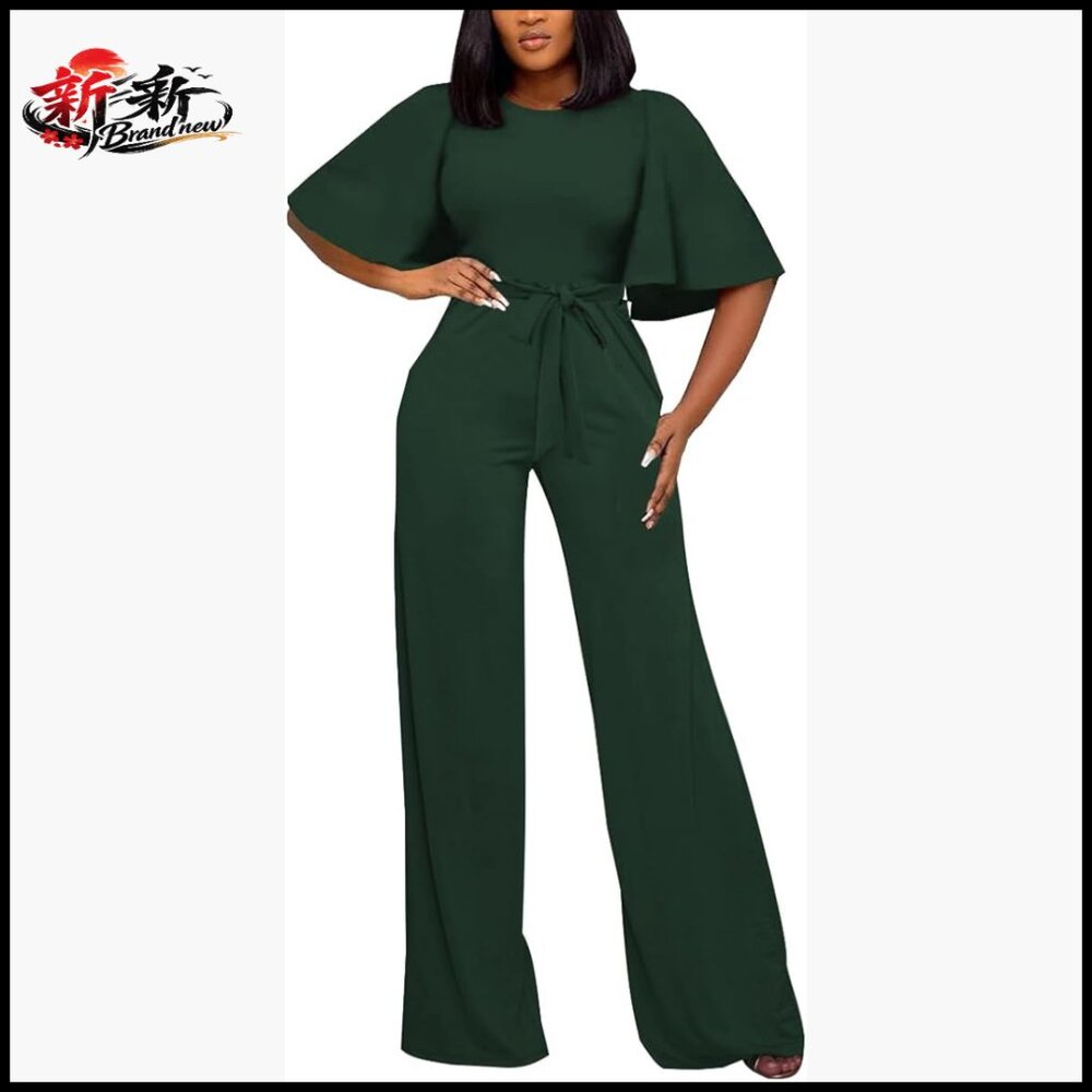 Polyester Blend Loose Fit Jumpsuit With Belt Wide Leg Design